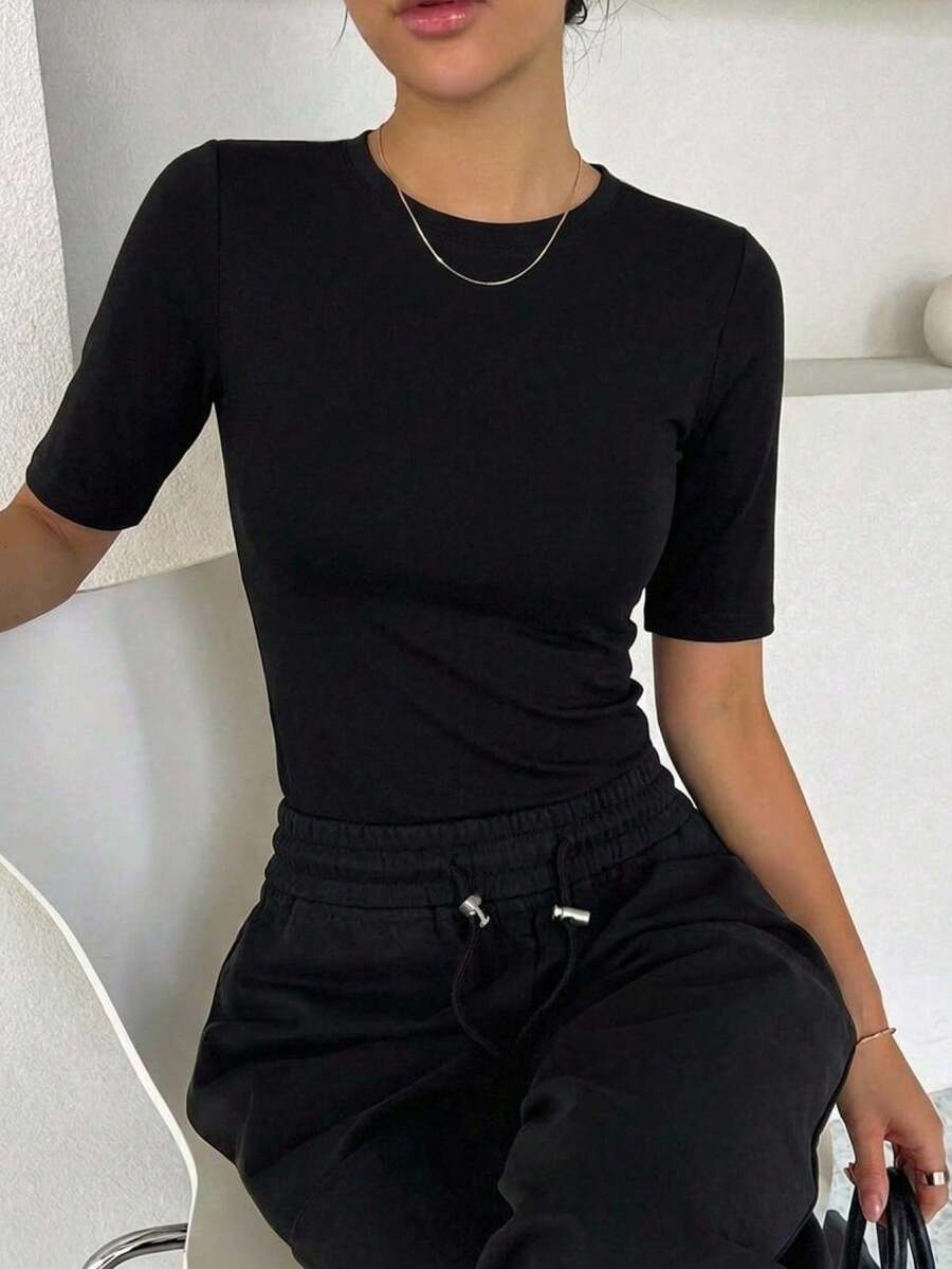 Dazy-Less Dam Sommar Enfärgad Normala Axlar Kortärmad T-shirt Old Money Style Business Casual Dam - Svart - Visa 1