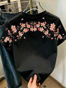 Resyla 女士圆领花卉仿刺绣图案人造珍珠装饰休闲百搭短袖T恤 - 黑色 - 查看 2