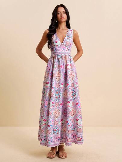 LOTSLUV Women's Purple Retro Print V-Neck Sleeveless Waist Cinched Floral Retro Print Dress, Suitable For Spring/Summer Vacation