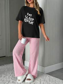 EURMUSE 女款「Eat, Sleep, Repeat」印花T恤與條紋寬腿長褲睡衣套裝，可愛日系風，黑白與粉白配色，居家休閒夏季睡衣 - 黑色 - 查看 3