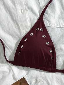 Swim Basics Women's Solid Color Halter Tie Keyhole Decor Bikini Top, Suitable For Summer Vacation & Beach - Burgundy - View 5