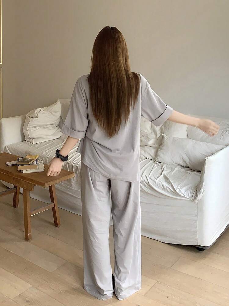 2pcs Cute Animal Print Loose Short Sleeve Straight Solid Color Long Pants Pajama Set, Women Summer Sleepwear