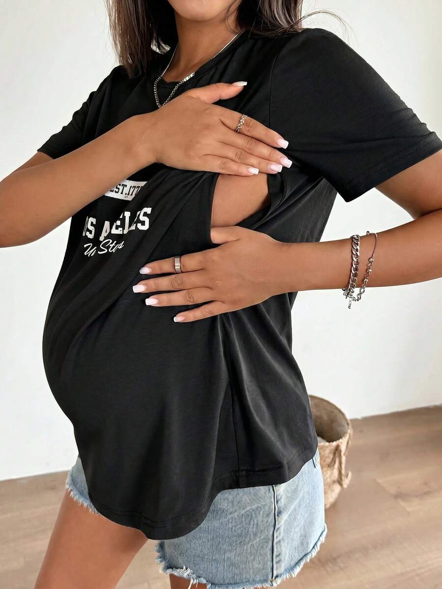 SHEIN 哺乳字母印花圓領短袖上衣,孕婦T恤 - 黑色 - 查看 1