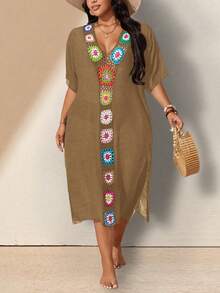 Swim Lushoire Plus Size Women Hand Crocheted Cover-Up - Coffee Brown - View 7