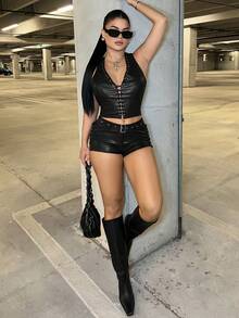 Dayanna Comas 女款酒紅色深V領綁帶短版上衣搭配側綁帶超短褲 2件套 黑色夏季 - 黑色 - 查看 3