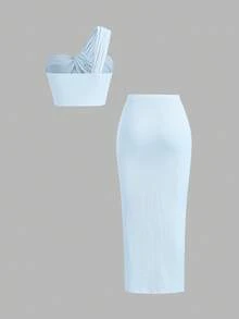Sweetra Setelan 2 Potong Modis Warna Polos dengan Tali Bahu Miring dan Detail Kerut, Cocok untuk Liburan Musim Panas, Warna Biru Muda yang Elegan - Baby Blue - View 2
