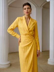 ZEYLAH Women's Linen Blazer & Skirt 2 Pieces Set, Casual Summer Outfit - Yellow - View 4