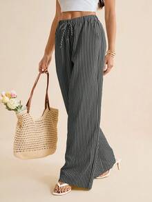 SHEIN Tall Quần nữ ống đứng dáng rộng kẻ sọc, cạp chun, kiểu dáng thường ngày. - Màu xám đen - Xem 7
