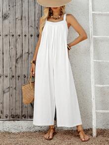 Faunlyn Bộ áo liền quần xếp ly màu trơn dành cho nữ, thích hợp cho kỳ nghỉ. - trắng - Xem 5