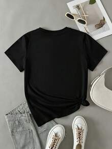 EMERY ROSE Women's Slogan Print Round Neck Short Sleeve Casual T-Shirt - Black - View 2