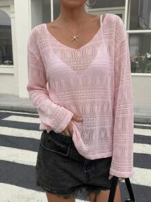DAZY 女款寬鬆深V領長袖透視休閒上衣，都市街頭風秋季度假粉色格紋校園風T恤 - 粉色 - 查看 2