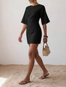 Zivah Chic Black Summer Round Neck Short Sleeve Fitted Linen Mini Dress For Brunch,Vacation,Beach,Party,Wedding Guest,Commute & Casual Daily Wear - Black - View 5