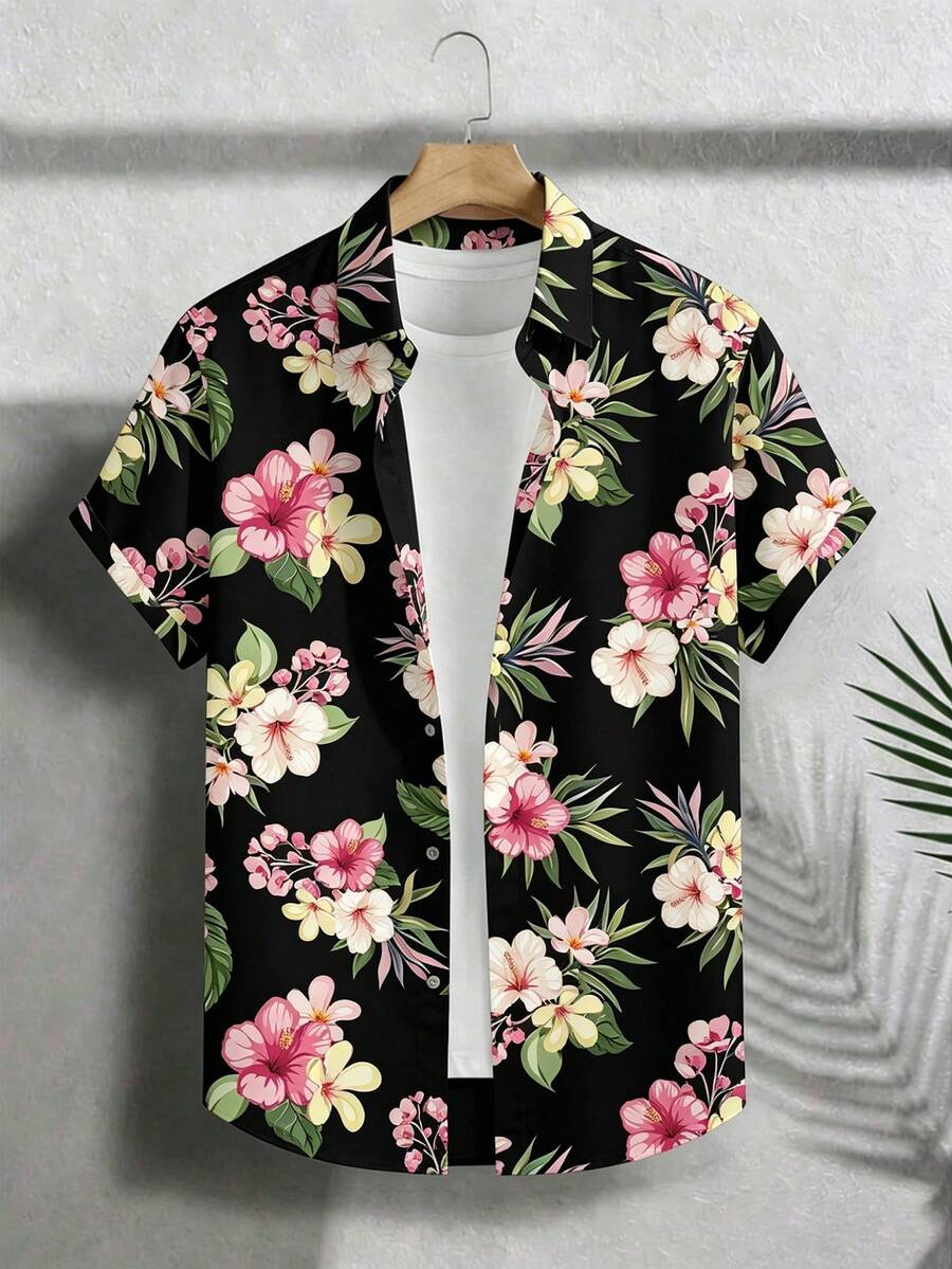 VIVINTIMO Men's Casual Vacation Floral Print Shirt - Black - View 1