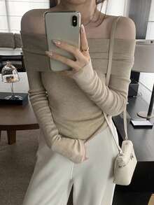 DAZY Women's Solid Color Off-Shoulder Long Sleeve Fitted Sweater, Autumn Off Shoulder Sweater,Long Sleeve Tops,Fall Women Clothes - Camel - View 5