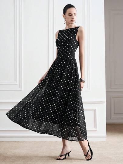 Aveloria Modichic Đầm không tay trễ vai, thắt eo, xẻ tà, chất liệu chiffon, họa tiết chấm bi đen trắng tương phản, phong cách retro Pháp thanh lịch tối giản, thích hợp cho công sở, đi nghỉ mát, họa tiết hoa: Ngẫu nhiên