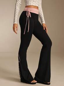 Glamine Pantalon évasé élégant et sexy pour femmes, design patchwork avec lettres - Multicolore - Voir 3