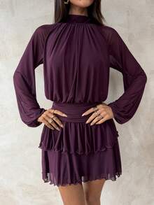 Aloruh Women's Sexy Elegant Halter Waist Ruched Ruffle Hem Long Sleeve Mini Dress - Purple - View 5