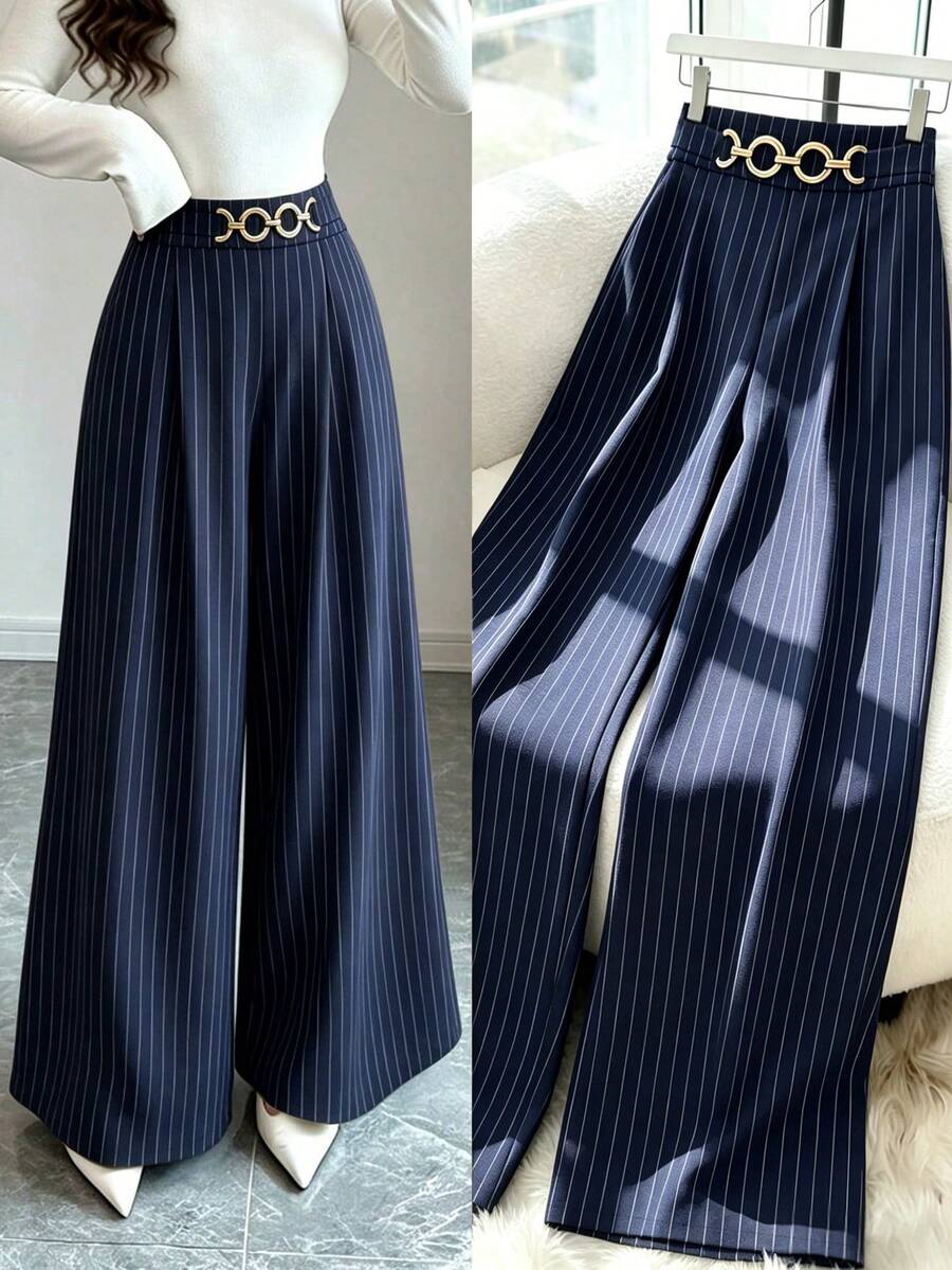 Elenzga New Women's Woven Striped Mid-Waist Side Zipper Decorated Button Design Wide Leg Spring/Autumn Casual Daily Versatile Elegant Pants - Multicolor - View 1