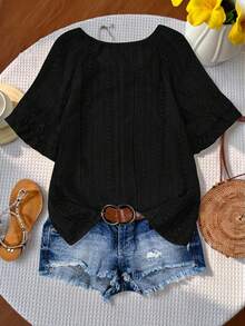 SHEIN LUNE Women's Solid Color Hollow Lace Casual Vacation T-Shirt, Summer - Black - View 2