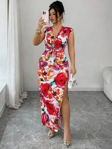 Elenzga Women's Floral Print V-Neck Slit A-Line Dress,White,Summer,Bachelorette Party,Vacation,Holiday,Waist Cinched,Elegant French Retro Mid-Length Fashion - Multicolor - View 7