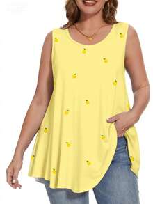 SHEIN LUNE Kaos Wanita Ukuran Besar Model Rompi, Nyaman untuk Musim Panas, Motif Nanas Tropis. Kaos Model Rompi dengan Motif Cetak. - MultiWarna - View 3