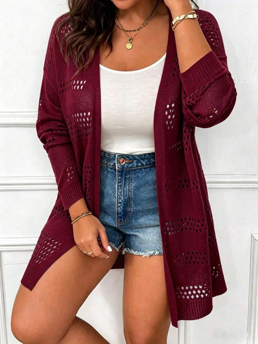 Elenzga Cardigan Panjang Wanita Ukuran Besar untuk Liburan & Perjalanan Santai, Warna Polos, Berongga, Musim Gugur/Dingin - Burgundy - View 1