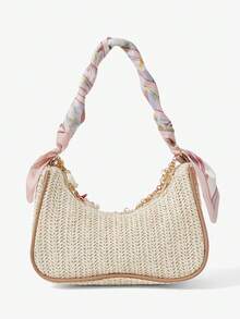 Viva Strut 1 pieza Bolso de paja de vacaciones de verano junto al mar, bolso de hombro con decoración de concha y estrella de mar, con correa de pañuelo de seda rosa para el sobaco, bolso de - Albaricoque - Ver 9