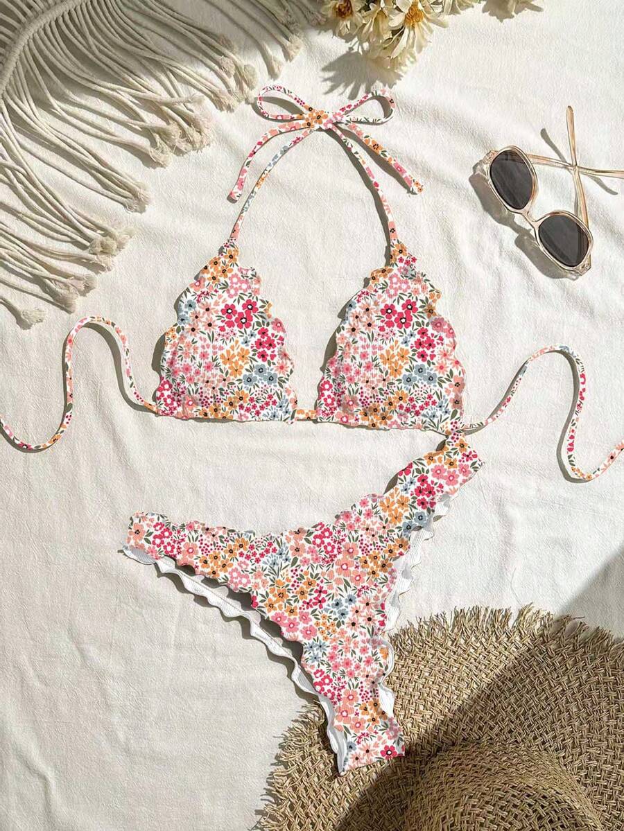 Swim Mod Bộ bikini nữ màu trơn, chất liệu co giãn cao, có viền xếp ly, thích hợp cho kỳ nghỉ. - Nhiều màu - Xem 1