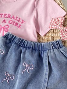 SHEIN Playful Pals 返校季女童休闲可爱圆领彩色波点彩虹印花T恤和纯色牛仔短裙套装，夏季 - 粉色 - 查看 8