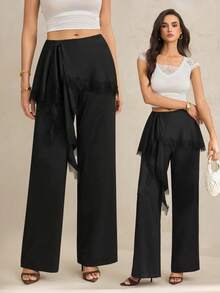 SHEIN Tall 2026 Nuevos Pantalones Anchos de Verano para Mujer con Encaje Minimalista, Parche y Volante en el Bajo, Versátiles y Cómodos para el Día a Día - Negro - Ver 4