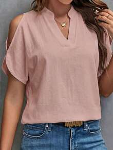 SHEIN Clasi Women's Regular V-Neck White 100% Cotton Short Sleeve Blouse, Versatile For Spring And Summer - Pink - View 5
