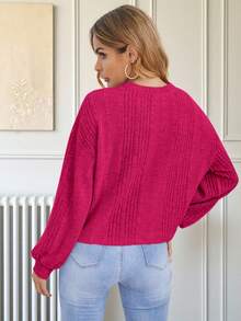 Easowa Pearls Detail Rib Knit Tee,Casual - Hot Pink - View 2
