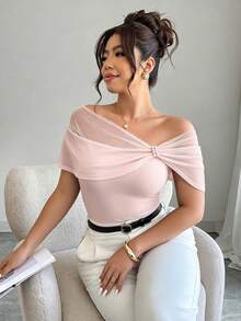 Elenzga 1件女士加大码薄纱拼接珍珠蝴蝶结装饰修身优雅约会T恤，春夏款 - 淺粉色 - 查看 1
