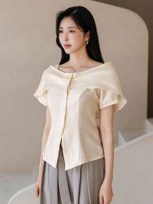 DAZY Áo kiểu nữ thanh lịch, xếp ly, trễ vai, cổ bẻ, dáng ôm, thiết kế thắt eo, thích hợp cho mùa xuân và mùa hè. - Màu be - Xem 5