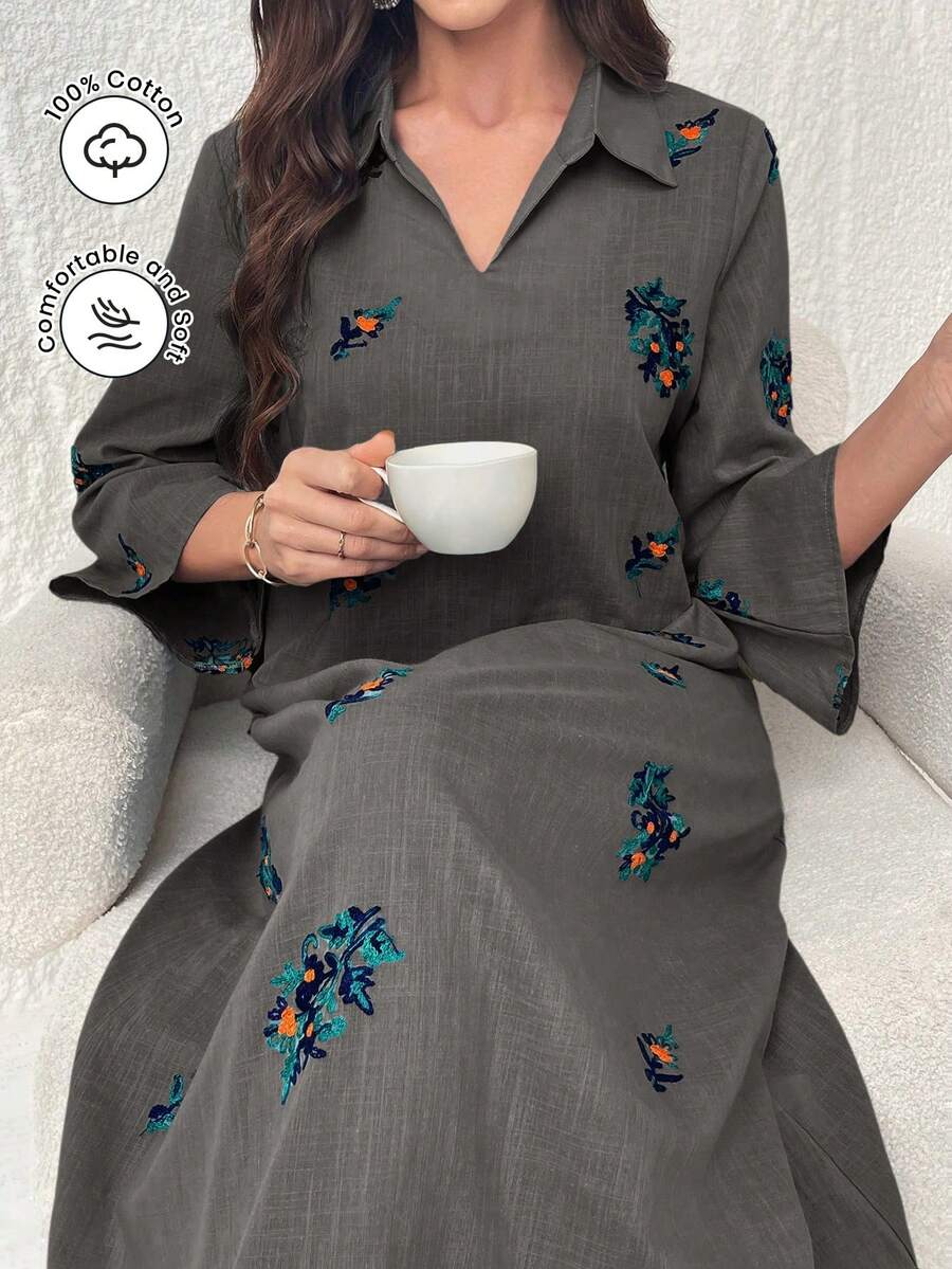 Al Najma Eyelet Embroidery Casual Long Dress With Collar - Grey - View 1