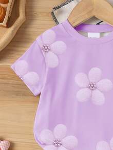 2pcs/Set Young Girls Floral Print Cute T-Shirt And Shorts Set, Fashionable Casual Outfit Suitable For Spring/Summer Vacation - Multicolor - View 5