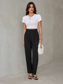 SHEIN Tall Solid Elastic Waist Cropped Pants, Loose Casual Versatile Everyday Wear - Black - View 3