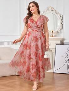 Reflora Plus Size Women's Elegant Floral Print Dress, Summer Wedding Guest Dress - Red - View 10