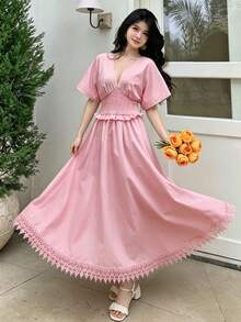 Modelyn Women's 3D Floral Waist-Cinched Short Sleeve Elegant Slimming High-Quality A-Line Pleated Dress - Pink - View 4