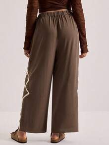 SHEIN VCAY Plus Size Women's Pleated Wide Leg Casual Pants With Pockets - Brown - View 2
