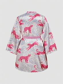 Chillnights Colorblock Floral, Leopard, Leaf Print Satin Robe, Plus Size - Multicolor - View 2