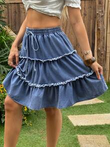 EMERY ROSE Falda vaquera casual con volantes y nudo de unicolor para mujer - Azul - Ver 4