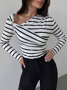 Firerie Women's Asymmetric Shoulder Wrap Ruched Waist Tight Fit T-Shirt, Metal Decor, Elegant Modest Commute Date Night Tops, Black And White Striped, Autumn - Black and White - View 5