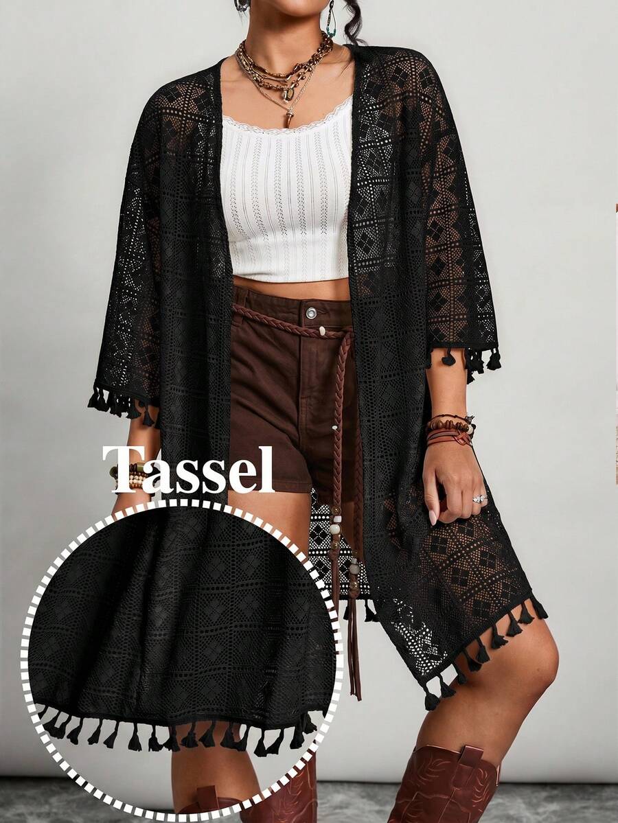 Freevana Áo kimono cỡ lớn, đồ đi biển cỡ lớn, áo khoác tay lửng cổ chữ V, áo kiểu thường ngày cho kỳ nghỉ, quần áo chống nắng, trang trí tua rua ở cổ tay và gấu áo, họa tiết ren hình học, áo khoét lỗ - màu đen - Xem 1
