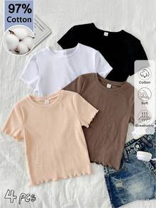 SHEIN 4件組 青少年女孩萵苣邊圓領素色短袖T恤 - 彩色 - 查看 6