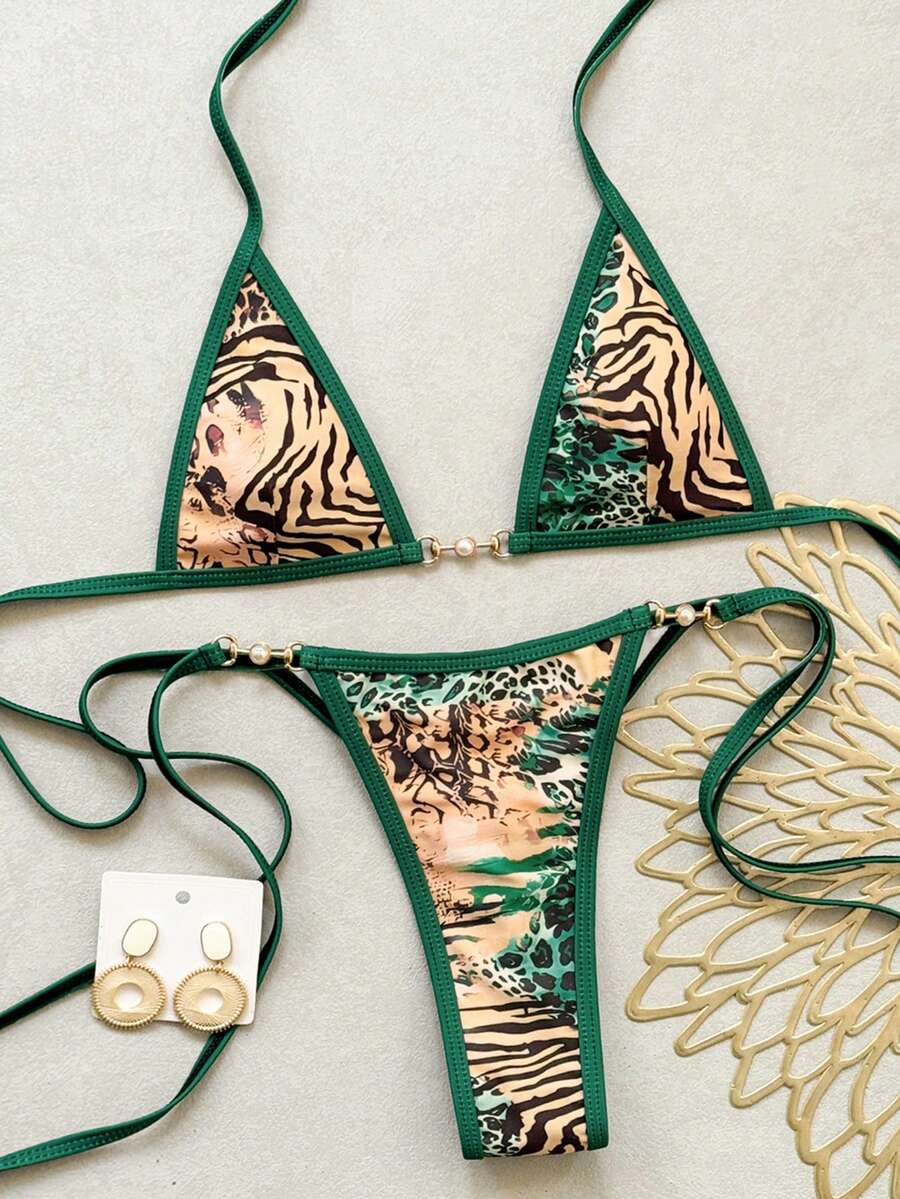 Swim SXY 女士性感豹纹金属珍珠点缀三角杯系带露背高衩比基尼泳衣套装 - 綠色 - 查看 1