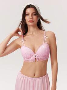 Elorette Pink Lace Patchwork Underwire Bra With High Support, Lift And Gather, Floral Decor, Romantic Cute Style Women's Lingerie Summer - Pink - View 4