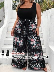 SHEIN CURVE+ Plus Size Minimalist Fashion Casual Everyday Jumpsuit Boho Vacation - Black - View 1