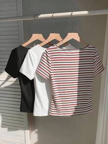SHEIN EZwear 3件組女款黑白條紋夏季休閒性感度假咖啡棕針織方領短袖T恤 多巴胺Y2K時尚上衣 高爾夫 - 彩色 - 查看 2