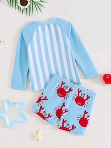 Cozy Pixies Baby Boy Striped Crab Print Round Neck Long Sleeve Top And Casual Shorts Swimsuit Set - Blue - View 2